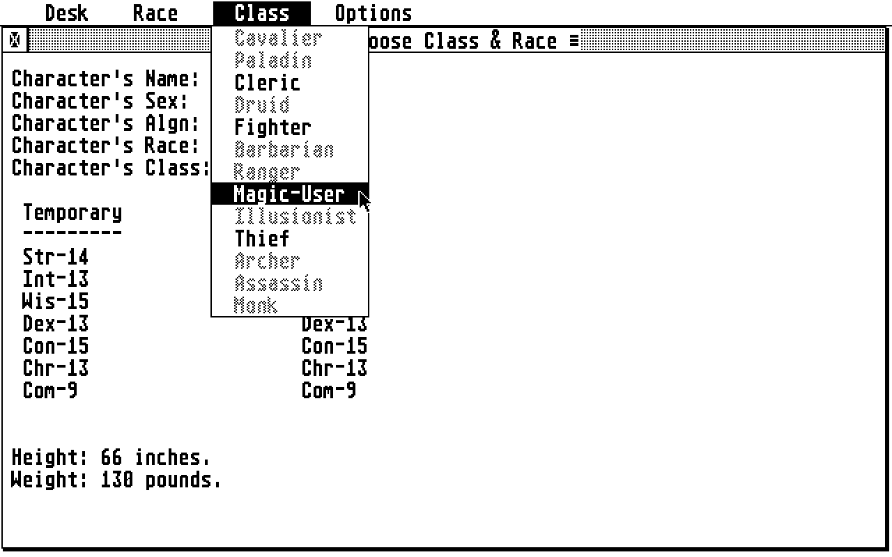Advanced Dungeons and Dragons Character Generator atari screenshot